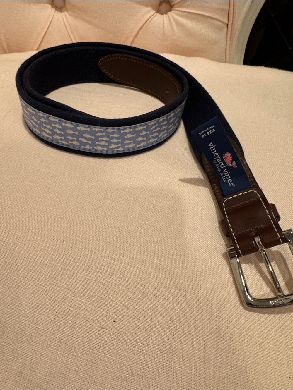 Vineyard Vines Navy Trim Light Blue Whale-Print Canvas Belt
